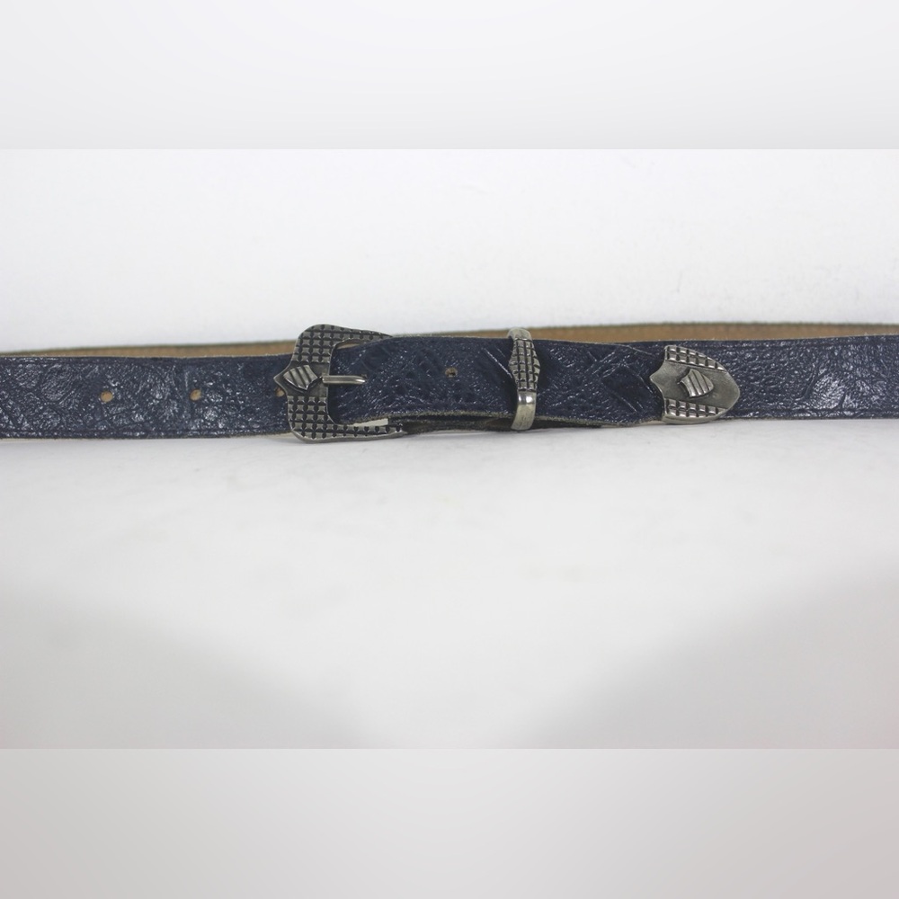 Vintage Blue Croc Embossed Leather Belt with a Silver Buckle, Keeper and Tip
